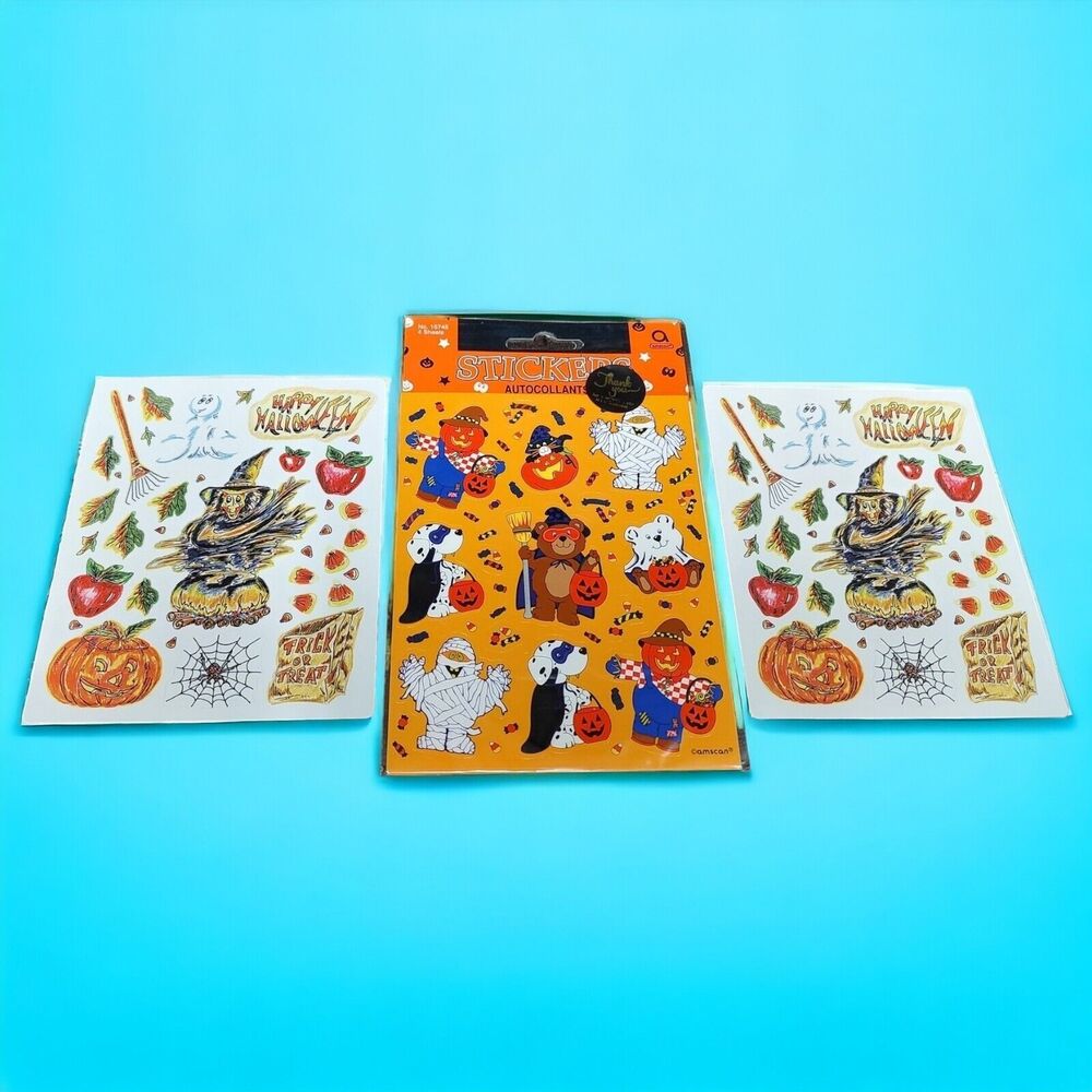 Vintage Halloween Stickers Dogs Bears Pumpkin Mummy Ghost Witch Trick or Treat
